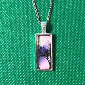 Purple Sky with Moon & Silhouette Tree Silver Tone Rectangular Pendant Necklace